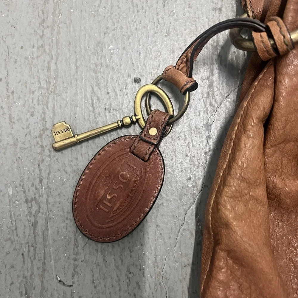 Fossil Leather Satchel Crossbody Bag Cognac Brown Brass Turnlock Key Charm Purse
